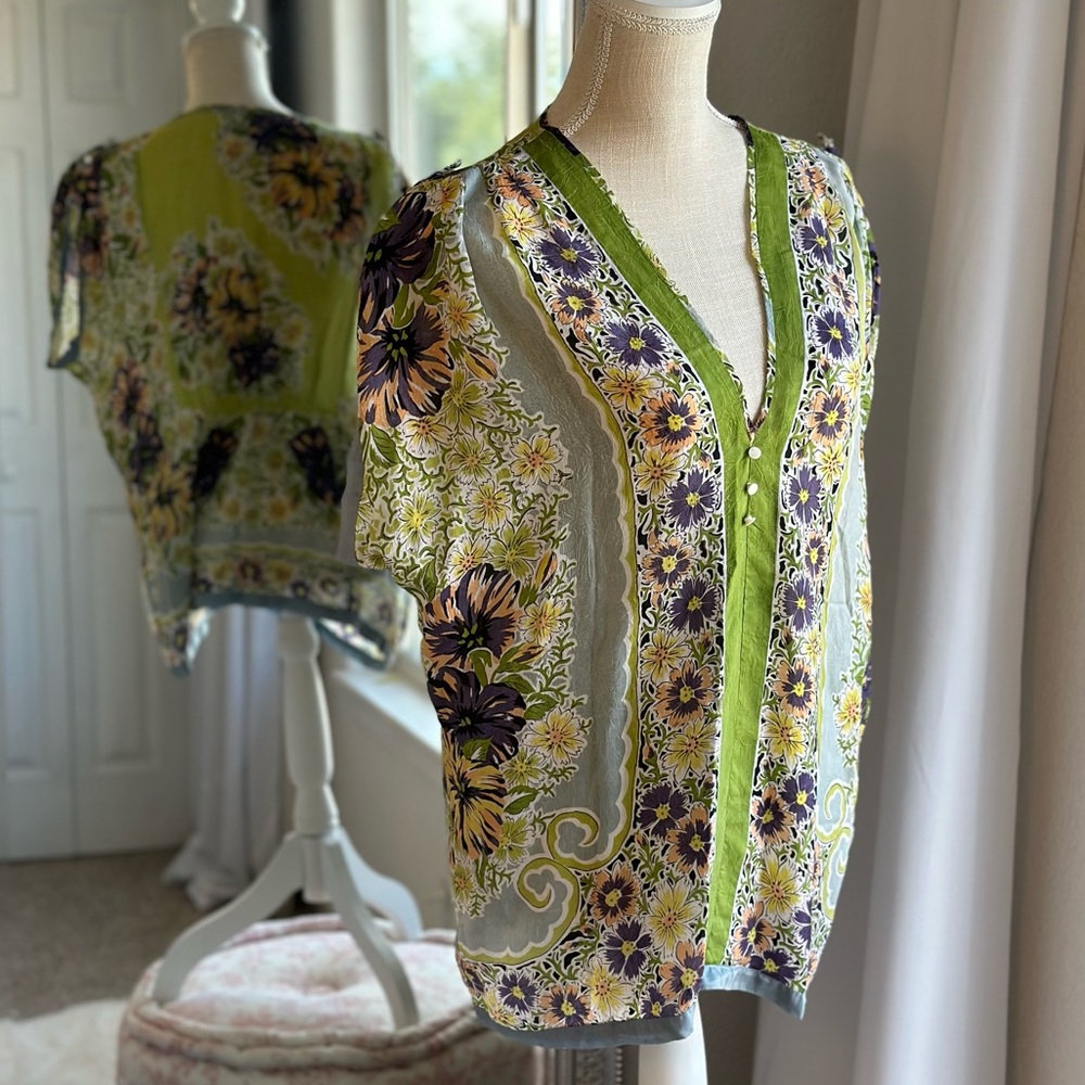 Johnny Was Green Floral Blouse